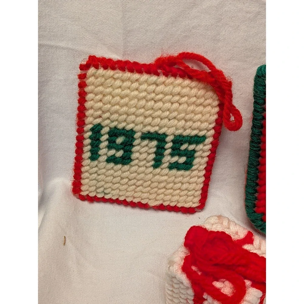 Vintage 1970s Plastic Canvas Christmas Ornaments Lot 7pc Handmade Stockings Noel